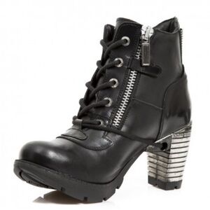 New Rock Stylish Black Lace-Up Ankle Boots with Metallic Heel